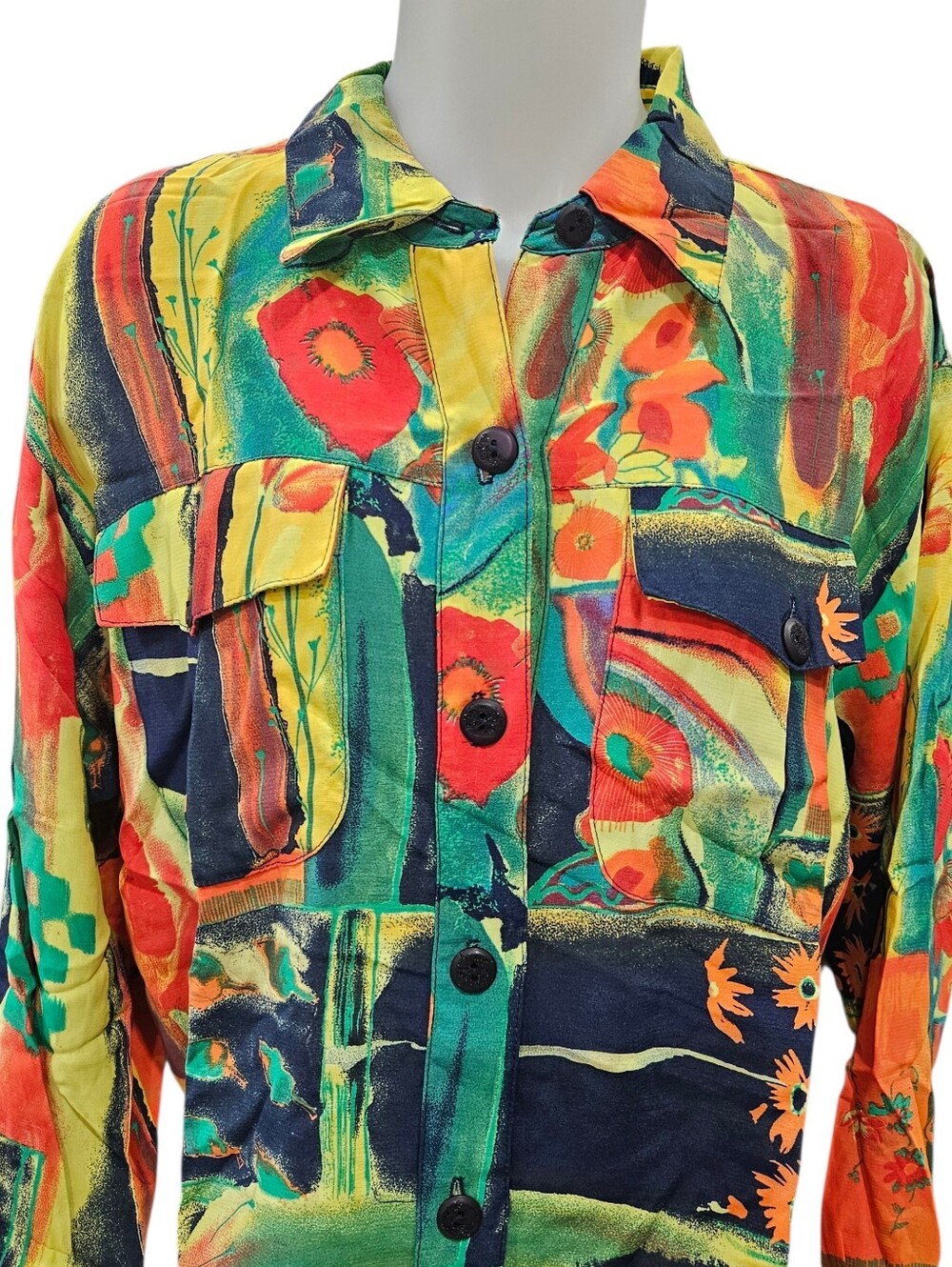 VTG Lisa Deane Bright Watercolor Floral Abstract Button Shirt Rayon 90s Sz M USA